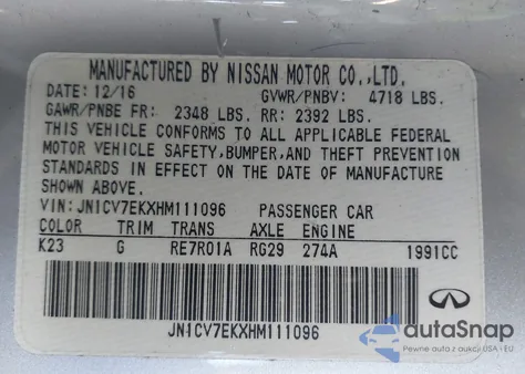 2017 Infiniti Q60 2.0T из США, поврежденный, VIN JN1CV7EKXHM111096